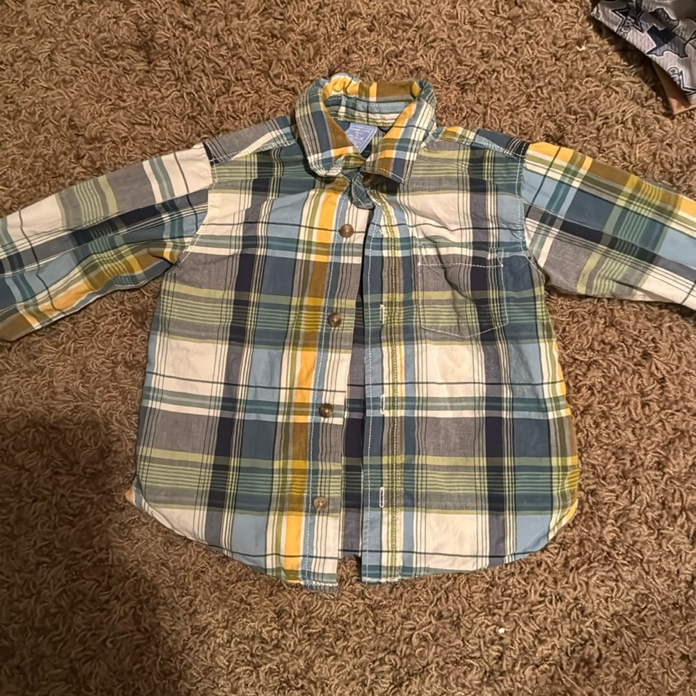 Plaid, button up, long sleeve dress shirt, size 12-18 months